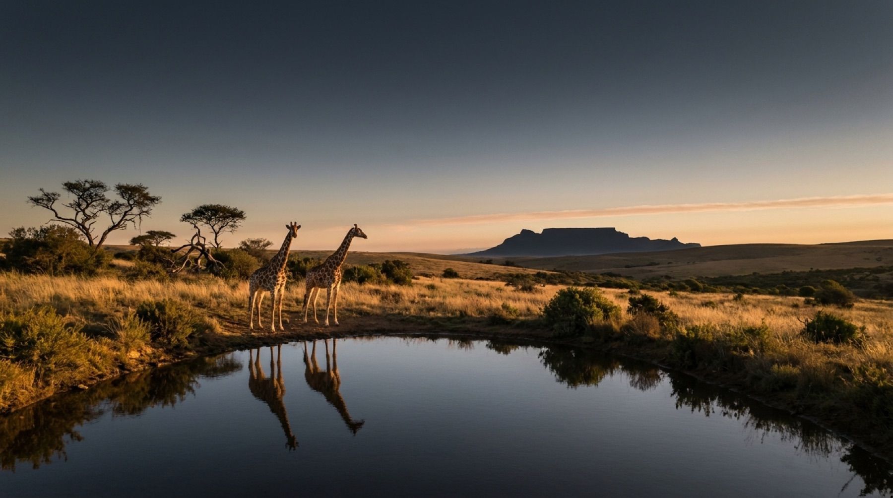 Two giraffes at the watering hole at Emberline Retreat, Table Mountain on the horizon (artist's impression)