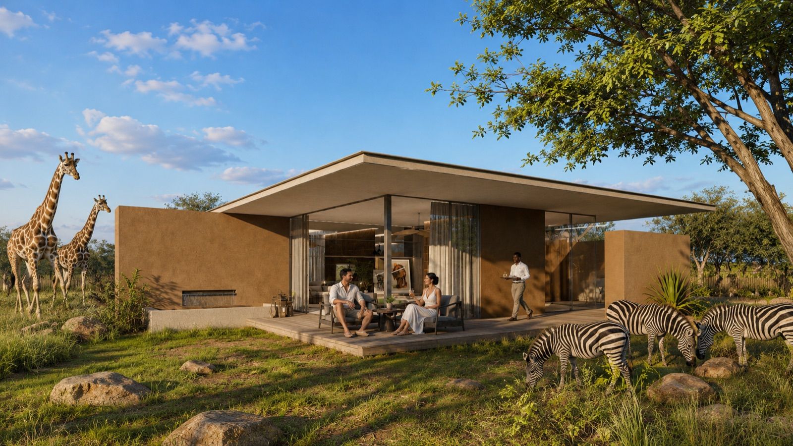 Guests on their pool-suite terrace at Emberline, a host nearby, giraffes and zebra grazing beside it (artist's impression)