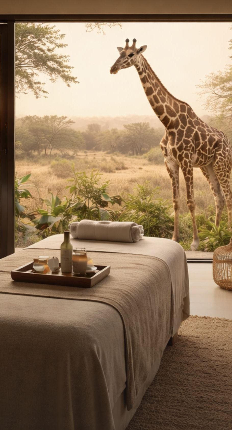 A spa treatment room with a giraffe outside the window (artist's impression)